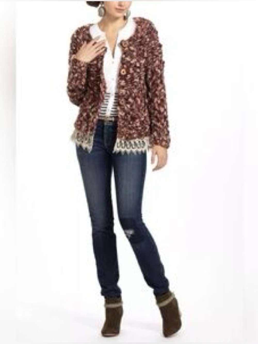 Anthropologie HWR Monogram Chunky Wool And Lace BOHO Cardigan M